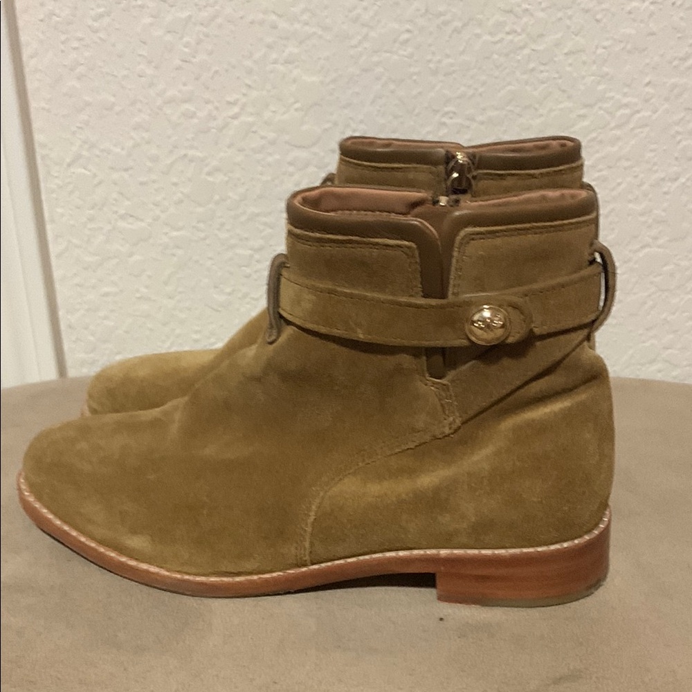 Tan Suede Ankle Boots with Strap